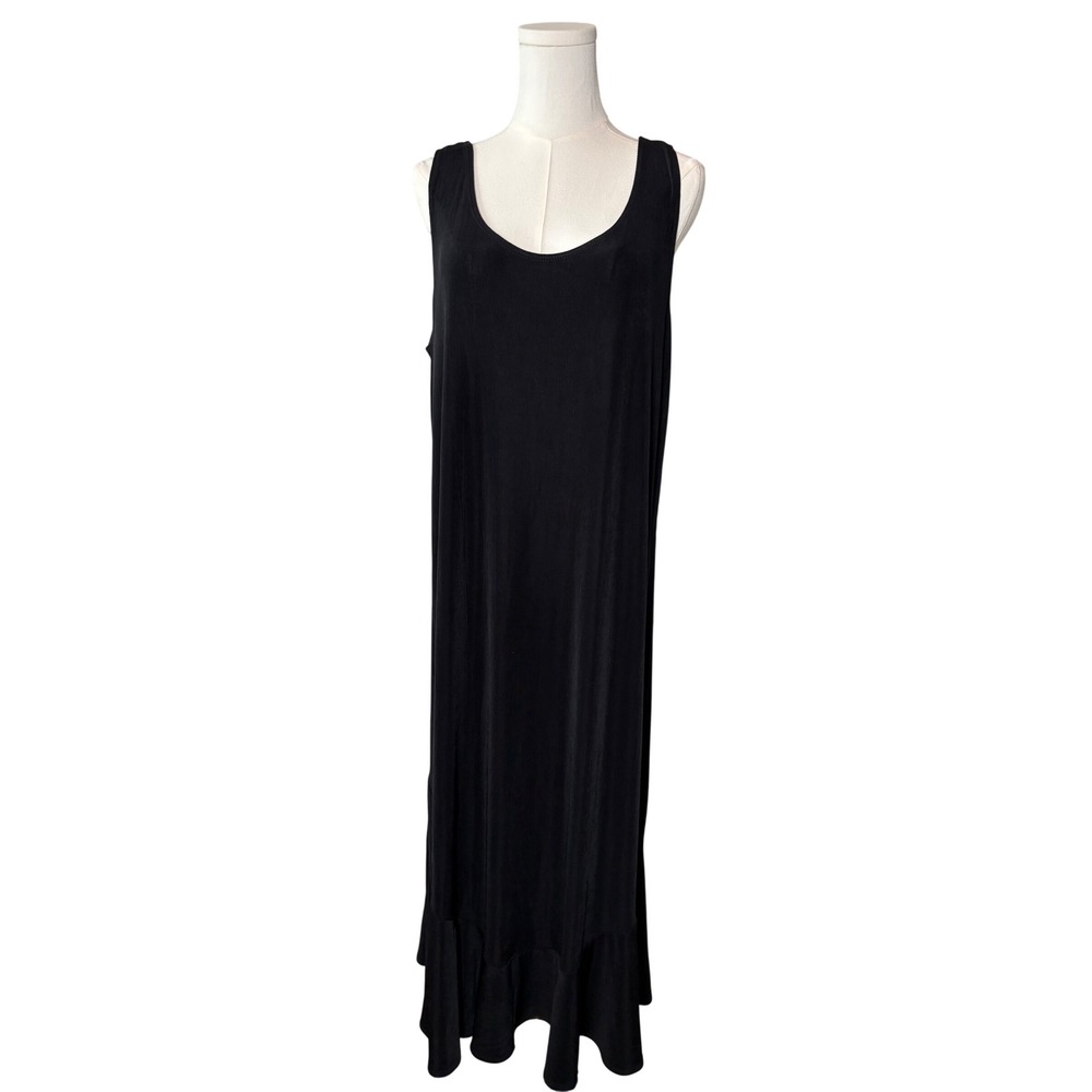 Chicos Travelers Black Sleeveless Maxi Dress Ruffle Hem Size 3 XL Minimalist LBD